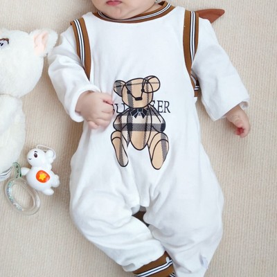 Baby Boy Solid Color Cute Bear Plaid Pattern Long-sleeved Long-leg Romper