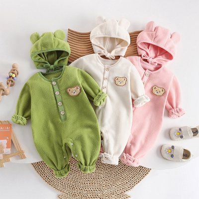 Baby 2 Pieces Solid Color Bear Applique Long-sleeved Long-leg Romper & Hat for Winter