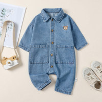 Baby Denim Solid Color Bear Embroidered Printed Pocketed Long-sleeved Jumpsuit  Light Blue