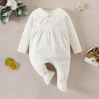 Baby Girl Pure Cotton Floral Printed Footed Long-sleeved Long-leg Romper