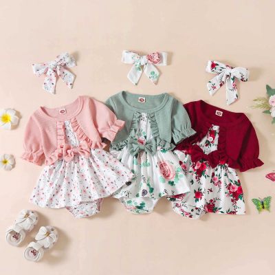 Nova primavera e verão macacão de bebê para meninas de manga curta falso vestido de duas peças com estampa de borboleta