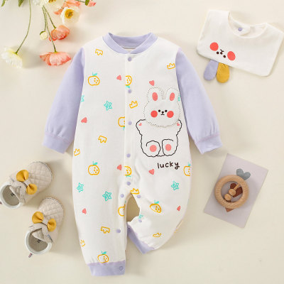 2-piece Baby Girl Pure Cotton Color-block Patchwork Rabbit Pattern Seamless Long-sleeved Long-leg Romper