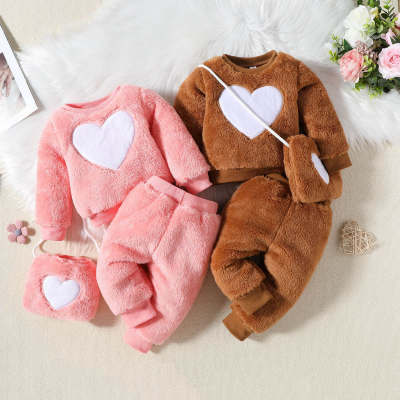 Baby Girl 3 Pieces Solid Color Heart-shaped Fleeced Sweater & Solid Color Pants & Bag