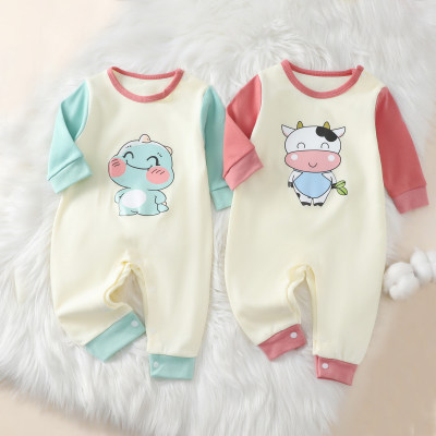 Baby Color-block Cute Cartoon Dinosaur Cattle Graphics Long-sleeved Jumpsuit for Autumn Spring