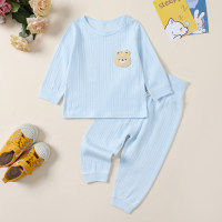 Baby 2 Pieces Solid Color Bear Applique Long-sleeved T-shirt & Pants Suit  Blue