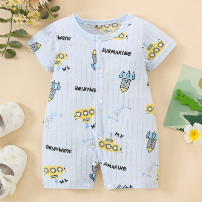 Baby Boy Pure Cotton Allover Vehicle and Rocket Printed Short Sleeve Boxer Romper