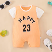 Mameluco tipo bóxer de manga corta con patrón de letras "HAPPY 23" con bloque de color para bebé  naranja