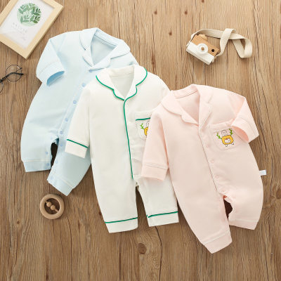 Baby-Overall mit langen Ärmeln und langen Beinen, einfarbig, mit Hirschmotiv und Taschen, dekorativem Revers