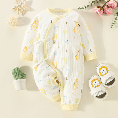 Baby Pure Cotton Allover Bear Pattern Seamless Long-sleeved Long-leg Romper