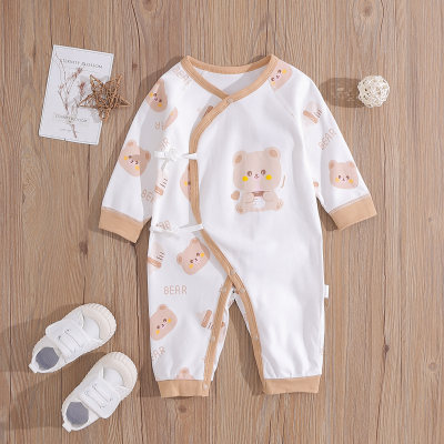 Baby Boy Solid Color Cute Bear Pattern Slanted Lapel Tied Long-sleeved Jumpsuit