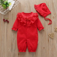 Baby Girl 2 Pieces Solid Color Ruffle Lace Bow-knot Decor Jumpsuit & Hat  Red