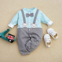 Baby Boy Color-block Stripes Cute Bear Pattern Long-sleeved Long-leg Romper  Gray