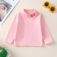 Baby Solid Color Letter Bear Graphic Turtleneck Bottoming Shirt  Pink