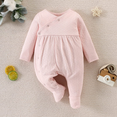 Baby Girl Pure Cotton Solid Color Patchwork Footed Long-sleeved Long-leg Romper