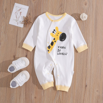 Baby Boy Solid Color Cute Giraffe Letter Pattern Long-sleeve Jumpsuit