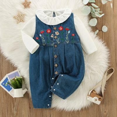 Baby Girl 2 Pieces Ruffle-Neckline T-shirt & Embroidered Floral Denim Dungarees