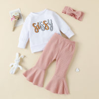 2-piece Baby Girl Letter Printed Long Sleeve Top & Solid Color Flare Pants  White