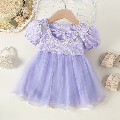 Baby Girl Solid Color Lace Decor Bowknot on the back Short Sleeve Mesh Dress