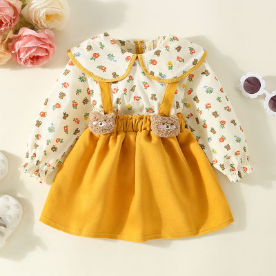 2-piece Baby Girl Allover Floral Lapel Long Sleeve Top & Solid Color Bear Decor Suspender Dress