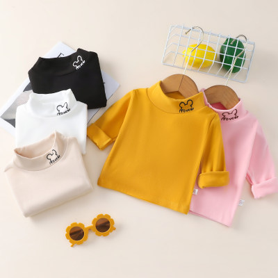 Baby Solid Color Letter Bear Graphic Turtleneck Bottoming Shirt