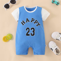 Baby Boxer Romper بأكمام قصيرة بنمط حروف "HAPPY 23"  أزرق