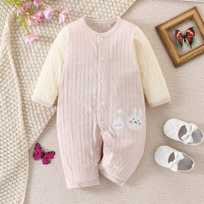 Baby Girl Pure Cotton Color-block Patchwork Bunny Printed Long-sleeved Long-leg Romper