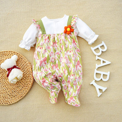 Baby Girl Color-block Ruffle Decor Floral Graphics Long Sleeve Foot Wrapped Jumpsuit