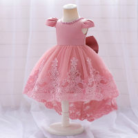 Cross-border new product flying sleeves beaded one-year-old dress embroidered bow fluffy tail skirt flower children's clothing catwalk performance clothing  Pink