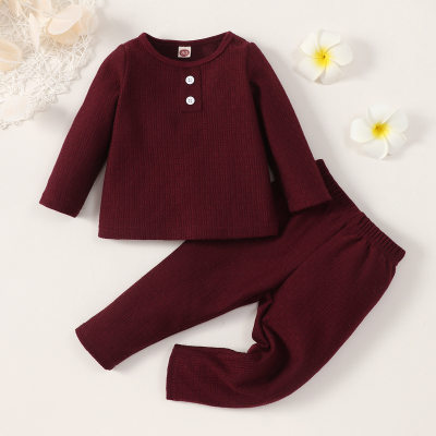 2-piece Baby Boy Solid Color Ribbed Button Decor Long Sleeve Top & Straight Pants