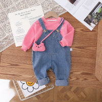 Baby Girl 3 Pieces Casual Embroidered "BABY" Letter Pattern Sweater & Denim Suspender Pants & Cute Cat Hanging Ornaments  Hot Pink