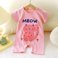Baby Girl Cute Cat Pattern Short Sleeve Boxer Romper  Hot Pink