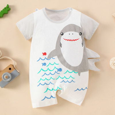 Macacão boxer de manga curta com estampa de tubarão fofo para bebê menino