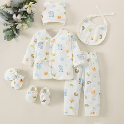 6 Pieces Newborn Kit Baby Lace-up Top & Pants & Hat & Anti-scratch Gloves & Socks & Bib