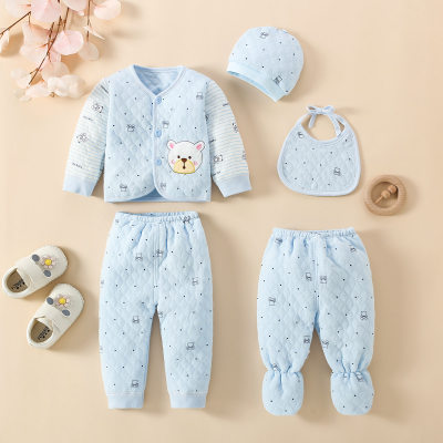 Baby Polka Dot Bear Printed T-shirt & Pants Pajamas & Bib & Hat