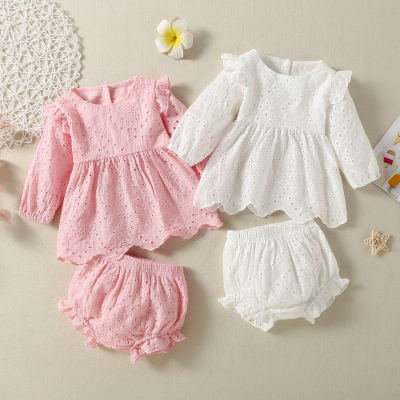 Baby Girl Solid Color Lace Ruffle Decor Long Sleeve Dress & Shorts