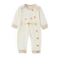 Baby 100% Cotton Solid Color Patchwork Button Front Long-sleeved Long-leg Romper  Beige
