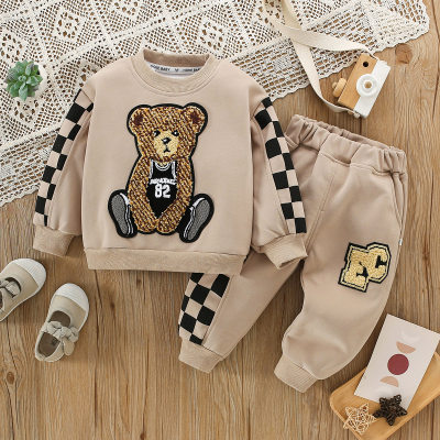 Baby Boy 2 Pieces Cute Applique Bear Sweater & Plaid Patterns Pants