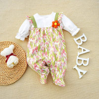 Baby Girl Color-block Ruffle Decor Floral Graphics Long Sleeve Foot Wrapped Jumpsuit  White