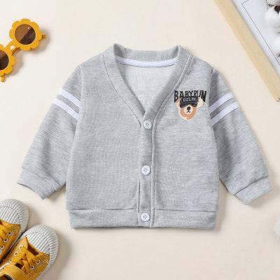 Baby Boy Solid Color Bear Letter Stripes Printed Coat