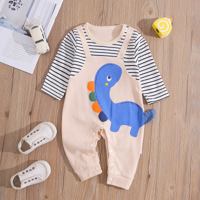 Baby Boy Color-block Dinosaur Pattern Horizontal Stripes Long-sleeved Jumpsuit