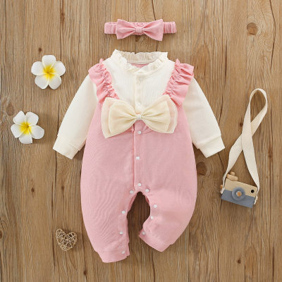 Baby Girl 2 Pieces Color-block Bowknot Decorated Long-sleeved Long-leg Romper & Headband