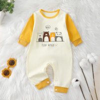Baby Boy Color-block Cartoon Bear Dinosaur Tiger and Letter Graphics Long-sleeved Jumpsuit for Autumn Spring  Yellow