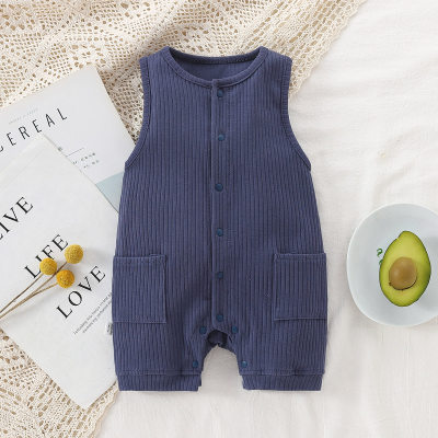 Baby Boy Solid Color Pocket Patchwork Sleeveless Boxer Romper
