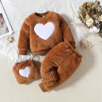 Baby Girl 3 Pieces Solid Color Heart-shaped Fleeced Sweater & Solid Color Pants & Bag  Brown