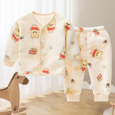 2 Pieces Baby Clothes Warm Flannel Cute Pentagram Bear Pattern Pajamas Set for Autumn and Winter