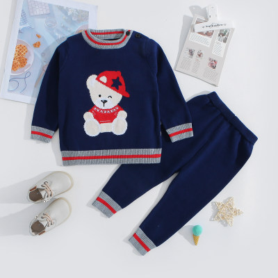 Baby 2 Pieces Solid Color Bear Pattern Sweater Set