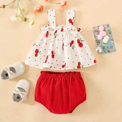 2-piece Baby Girl Pure Cotton Polka Dotted Cherry Printed Strap Top & Solid Color Panty