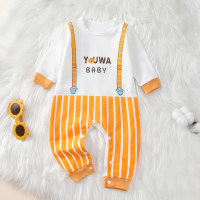 Baby Boy Color-block Vertical stripes Cartoon Bear and Letter Graphics Long-sleeved Jumpsuit for Autumn Spring  Orange