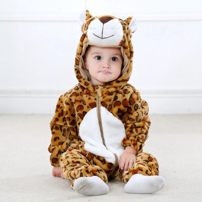 بذلة بغطاء للرأس على شكل حيوان الفهد والنمر من الفلانيل للأطفال