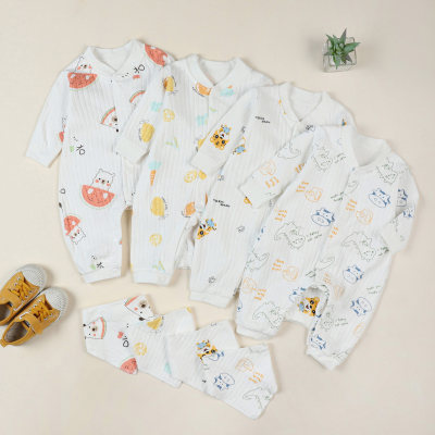 2-piece Baby Pure Cotton Allover Printed Long-sleeved Long-leg Romper & Bib